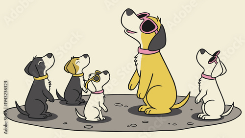 Vector illustration of cute puppies wearing sunglasses, looking up to a leader dog, playful scene