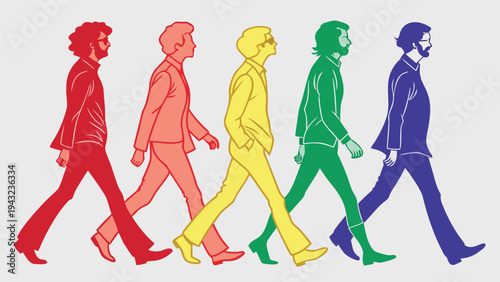 Vector illustration of colorful group of men walking in line, iconic pop culture reference