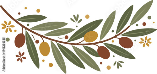 Olive branch with green leaves and olives on a white background with floral elements around it