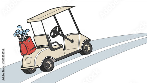 Vector illustration of golf cart with golf bag and clubs on path