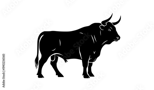 Strong Bull Standing Black Silhouette Vector Illustration Isolated on White Background