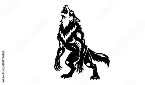 Howling Werewolf Black Stencil Fantasy Tattoo Vector Illustration