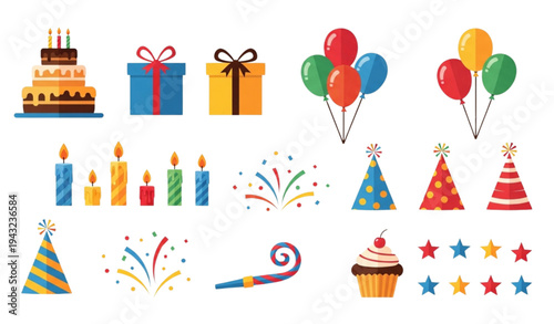 Colorful Flat Birthday Party Icons Vector Collection for Celebration Design