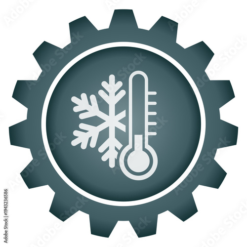 Cold Storage and Temperature Control Icon Vector PNG Cooling System Gear Design with Snowflake and Thermometer Symbol