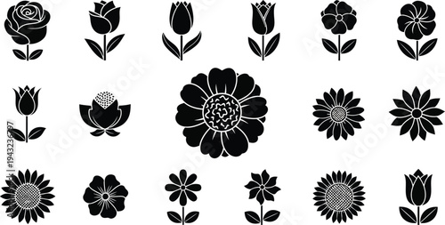 Black and white floral on white background flowers silhouettes 1