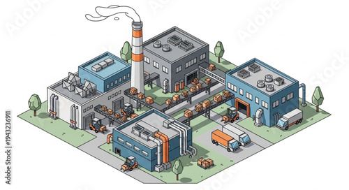 Isometric Factory Buildings and Vehicles.