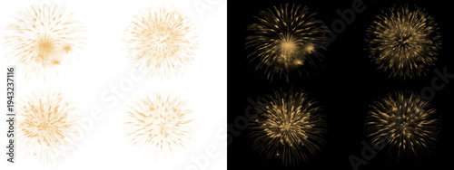 Luxury Golden Firework Effects Quadrant Collection for Festive Celebration Event Design and Digital Banners Isolated on Transparent BG