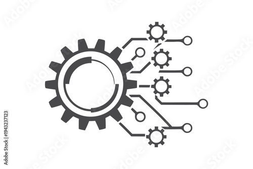 Industrial digital synergy concept with a gray gear connected to a network of hubs and lines representing automation