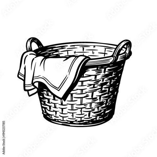 Woven basket with towel resting on the edge in black and white  