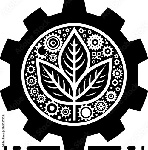 Green Industry Symbol: An artistic emblem merging the organic beauty of a leaf with the precise mechanics of a gear, symbolizing the harmonious blend of nature and industry. 