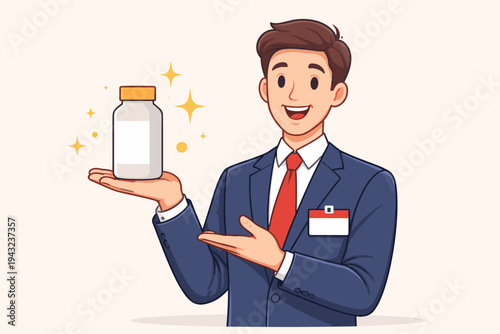 Flat vector illustration of a smiling salesman in a professional blue suit and red tie presenting a medicine bottle with a blank label, advertising a new healthcare product, supplement, or vitamin.