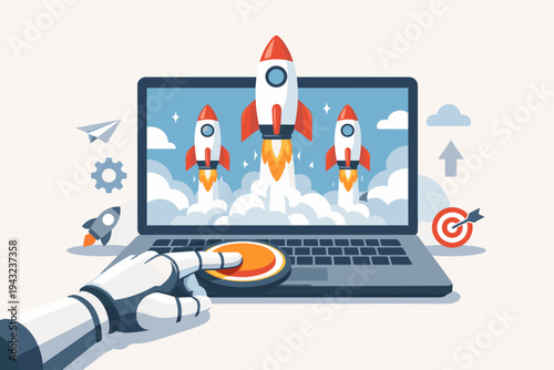 Robot hand pressing a start button on a laptop to launch rockets, symbolizing business startup, artificial intelligence automation, digital transformation, success, and technological innovation.