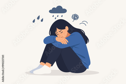 Sad depressed woman sitting on floor hugging knees with rain cloud and raindrops above her head. Flat vector illustration representing mental health issues, anxiety, loneliness, and sorrow.