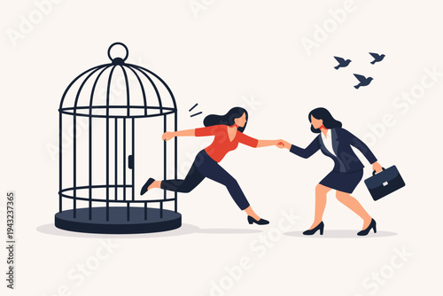 Empowering vector illustration of a businesswoman helping another woman escape from a large birdcage, symbolizing career freedom, breaking barriers, female empowerment, mentorship, and liberation.