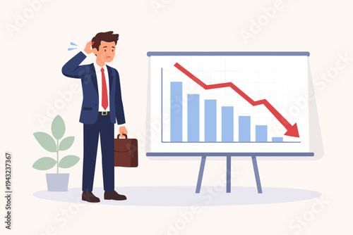 Sad Businessman in Suit Looking at a Declining Financial Graph on a Flip Chart, Representing Business Failure, Economic Crisis, Stock Market Crash, and Financial Loss Flat Vector Illustration