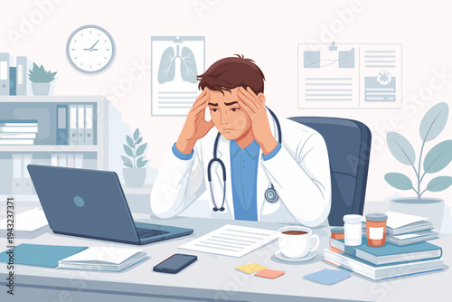 Stressed and overworked male doctor sitting at a desk in a medical office, holding his head in exhaustion, surrounded by a laptop, coffee, and medicine bottles, flat vector style illustration.