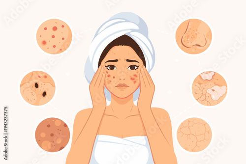 Vector illustration of a young woman with various facial skin problems like acne, pimples, blackheads, large pores, and dry skin, showing dermatology issues and skincare treatment concepts.