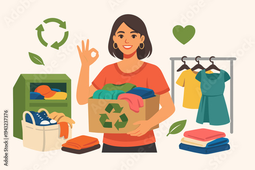 Smiling woman holding a box of clothes for recycling and donation. Sustainable fashion concept with textile bin, clothing rack, and eco symbols. Flat vector illustration for waste reduction and reuse.