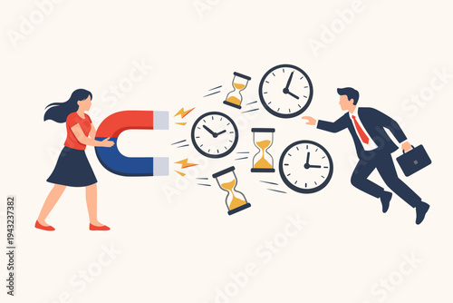 Conceptual Flat Vector Illustration of a Woman Using a Large Horseshoe Magnet to Attract Clocks and Hourglasses from a Businessman, Symbolizing Time Management, Distraction, and Productivity Loss.