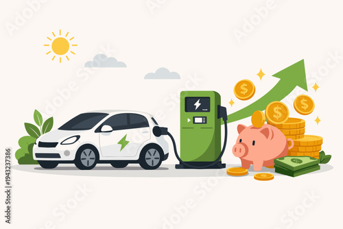 Vector illustration of a white electric vehicle charging at a green station with a piggy bank and stacks of coins, symbolizing the financial savings and economic growth of green energy.
