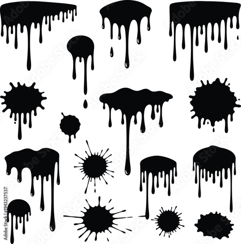Ink blots and drips on white background