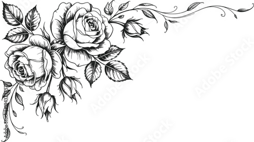 Black and white rose floral corner border with line art flowers buds and leaves isolated on white background for wedding.