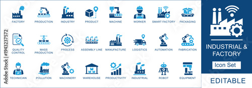 Industrial and factory icon set featuring manufacturing, automation, smart factory, robotics, and production line. High-quality editable vector icons for industrial business.