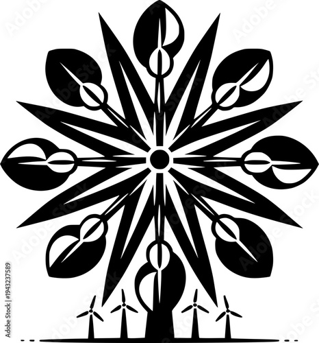 Abstract Energy Icon: A stylized, symmetrical design symbolizing renewable energy, featuring a central starburst radiating outwards with leaf-like elements and miniature wind turbines at the base.