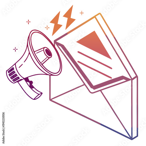 Isometric megaphone shouting at envelope with lightning bolts for urgent marketing messages and important email alerts in gradient color line art