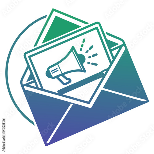 Open envelope with paper card and megaphone icon for newsletter subscription and marketing announcement symbol on circular background gradient style