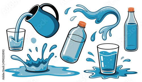 water doodle icons, liquid splash, drinking bottle and glass symbols, recycling packaging, pouring beverage, and falling drop concept vector
