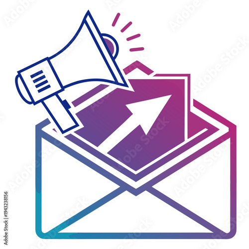Envelope with megaphone sending marketing message arrow showing upward communication blast outreach promotion digital advertising announcement service announcement