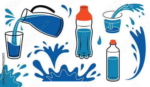 Doodle water icon set featuring liquid splash and drips, bottles and glasses with drinking aqua, hand-drawn recycling packaging, falling drops, and pouring beverage vector