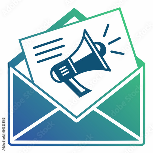 Business newsletter subscription icon featuring megaphone on document inside open envelope with professional blue and green gradient color scheme