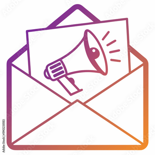 Email marketing concept with megaphone coming out of open envelope for advertising and newsletter promotion with purple to orange gradient outline