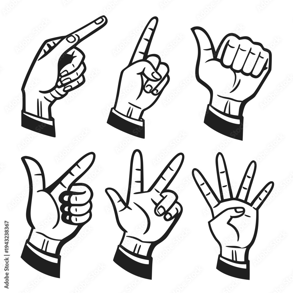 Fototapeta premium Set of black and white cartoon hands in business suit sleeves showing various gestures including pointing finger thumbs up victory sign and counting