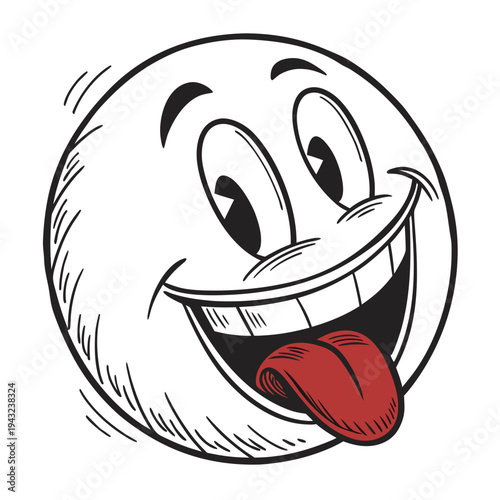 Happy face with tongue out funny comic cartoon character vector drawing, playful childish expression, humorous graphic art illustration