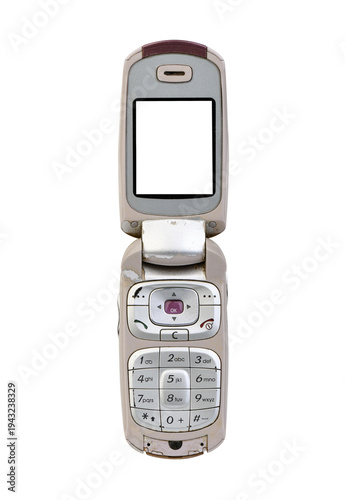 Silver flip mobile phone with white isolated screen on white background.