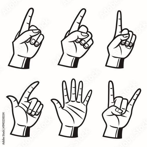 Various hand gestures set in line art style, different finger counts collection, black and white human palm symbols vector design