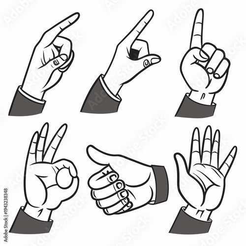 Set of six vector hand gestures and signs showing pointing up, okay sign, thumbs up, open palm, pointing finger, and fist