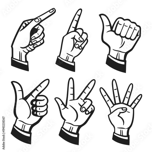 Set of black and white cartoon hands in business suit sleeves showing various gestures including pointing finger thumbs up victory sign and counting