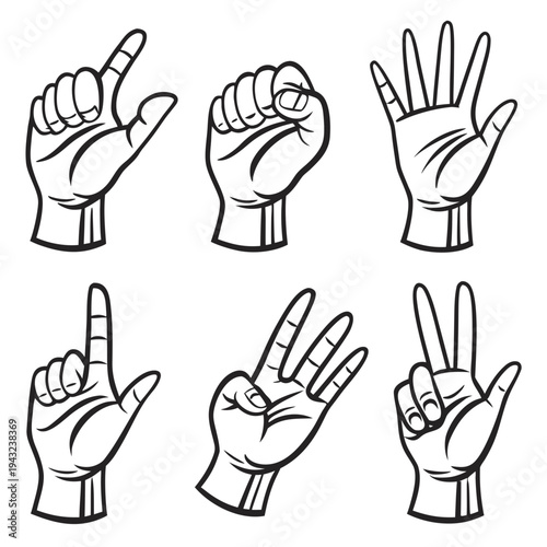 Various hand gestures set in line art style, different finger counts collection, black and white human palm symbols vector design