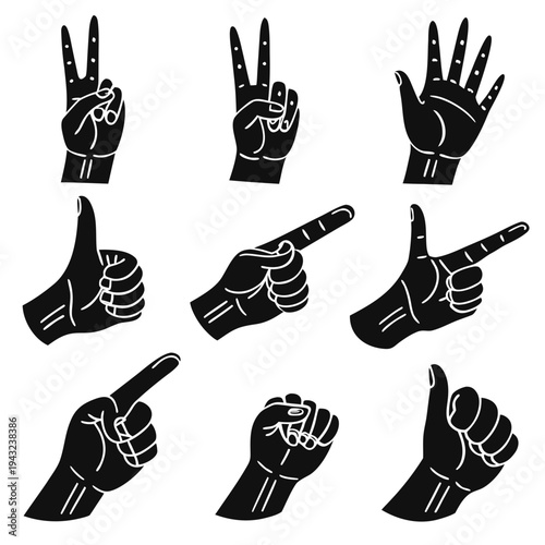 Solid black hand gestures set with high contrast details including peace signs pointing fingers and thumbs up symbols for diverse communication needs