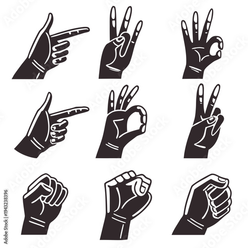Silhouetted hand icons featuring solid black shapes with white details showing gun gesture ok sign victory salute and clenched fists for strength