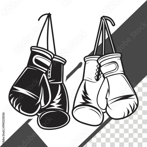 Boxing gloves hanging on hook pair fighting sport equipment black and white outline retro design isolated on white background sport activity