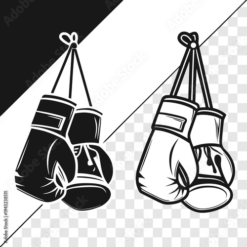 Boxing gloves hanging from tied cords in solid black and outlined versions perfect for sports logos gym advertisements and martial arts promotional art