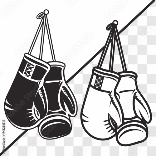 Pair of boxing gloves hanging together in black and white styles for athletic training gym branding and competitive combat sports design elements now