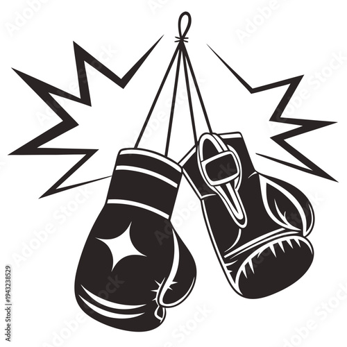 Pair of boxing gloves hanging with dynamic starburst effect, symbolizing impact and power in ring, black and white graphic illustration