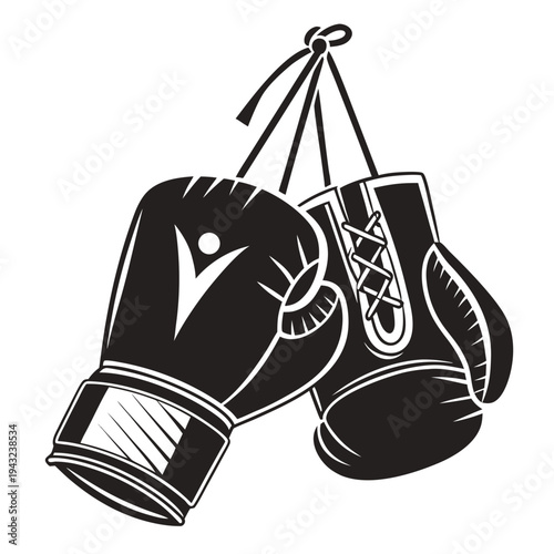 Single black boxing gloves pair with white logo detail and laces hanging against white background suitable for athletic apparel branding and website