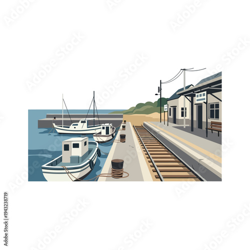 Small White Boats at Dock with Train Station.